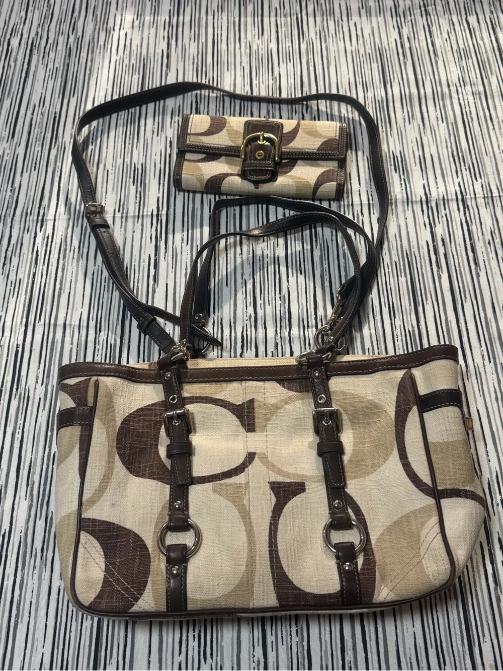 Canvas Tote and Wallet Set in Beige and Brown